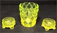 Yellow Uranium Glass Toothpick Holder & Salts
