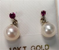 10K Gold Ruby & Pearl Drop Earrings