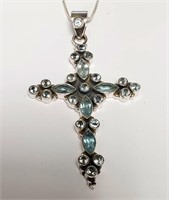 Silver Blue Topaz Cross Necklace