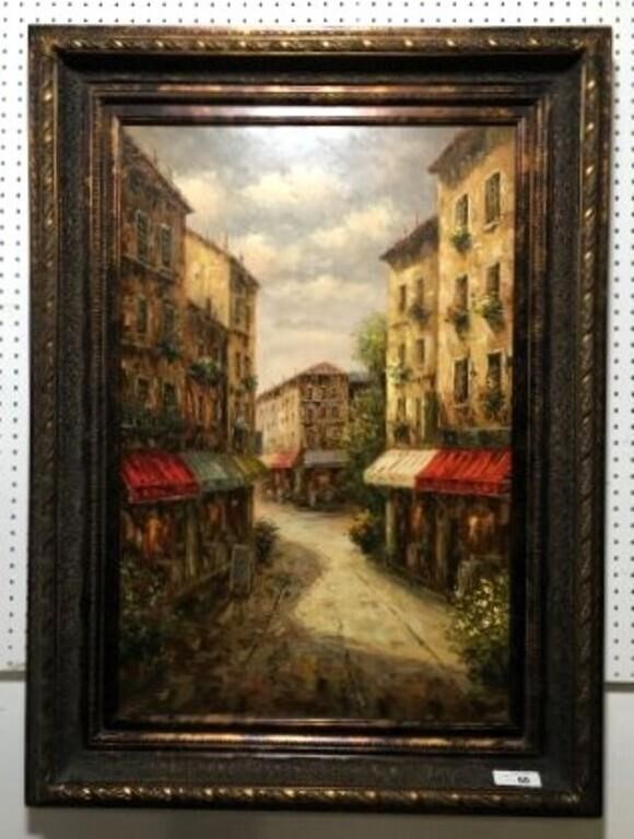 City Oil Painting on Canvas in Ornate Frame