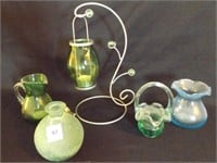 Green and Blue glass items, vases pitchers basket
