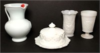 Milk Glass Pitcher, Vases & Lidded Cheese Dish