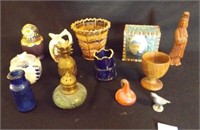 Assorted small items, brass pineapple, blue glass