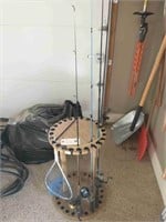 Circular Rod Rack (21 rod) Wood & 3 Rods w/ Reels,