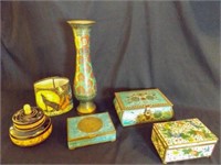3 Metal Brass boxes, Brass Vase, wood lidded bowl