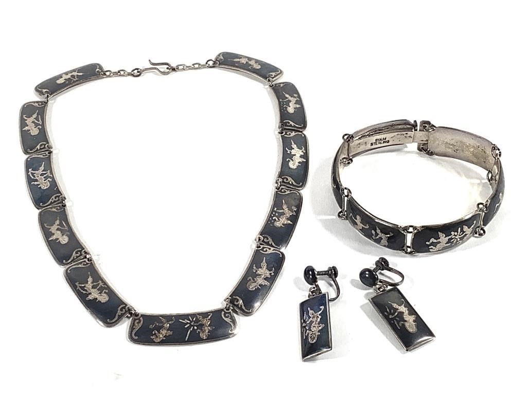 Siam Sterling Necklace Bracelet Earrings 66.9g TW