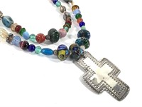 30" L Glass & Other Beads Necklace w 2.5" H Cross