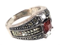 Sterling Artist Marked Ruby Marcasite Ring 5.8g