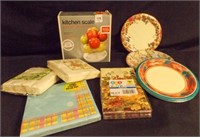 Kitchen Scale, napkins, paper plates