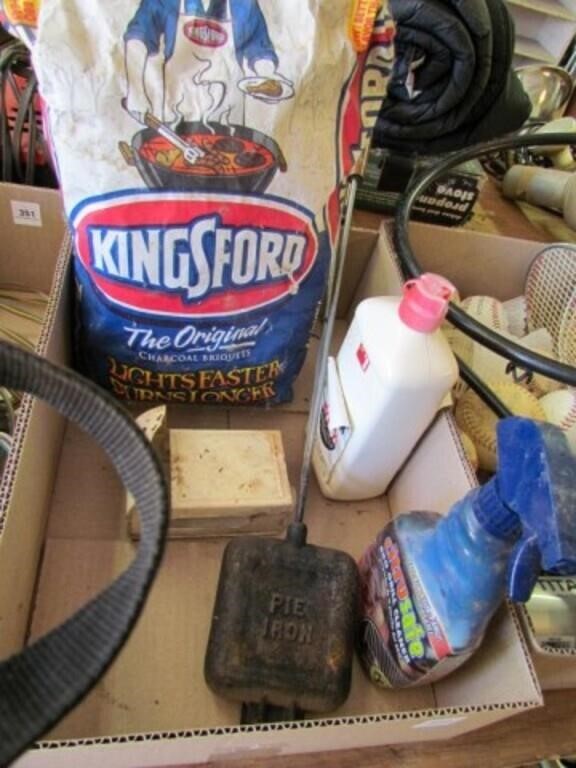 lighter fluid, charcoal, grill cleaner, pie iron