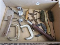 assorted C-clamps, wire brushes