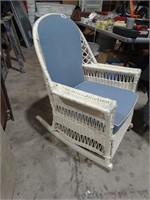 Blue Cushioned White Wicker Rocking Chair