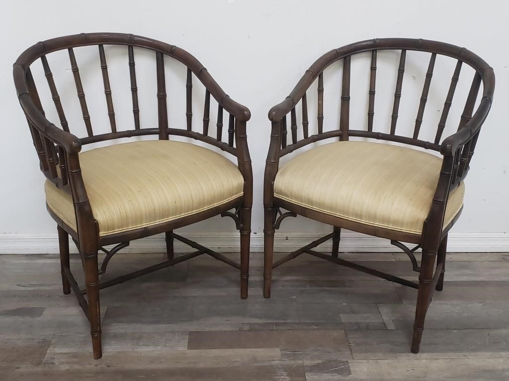 Pair of faux bamboo barrel back arm chairs