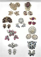 Colorful Rhinestone Brooch & Clip On Earring Sets