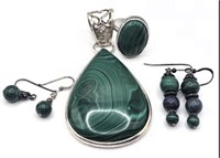 Sterling & Green Stone Pendant, Ring & Earrings