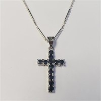 Silver Sapphire Cross 18"  Necklace