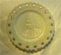 Antique Pierced Edge Milk Glass Plate-Indian Chief