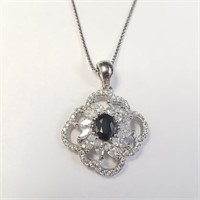Silver Sapphire And CZ 18"  Necklace