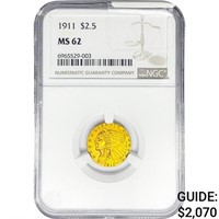 1911 $2.50 Gold Quarter Eagle NGC MS62