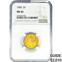 1900 $5 Gold Half Eagle NGC MS64