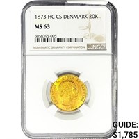 1873 .2593oz. Gold HC CS Denmark 20 Kroner NGC