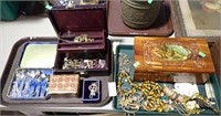2 TRAYS JEWELRY, BOXES, COLLECTOR SPOONS