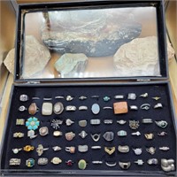 DISPLAY CASE W MOSTLY 925 SILVER RINGS VARIOUS
