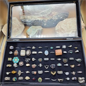 DISPLAY CASE W MOSTLY 925 SILVER RINGS VARIOUS