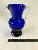Vintage Cobalt Blue Clear Handle Glass Vase
