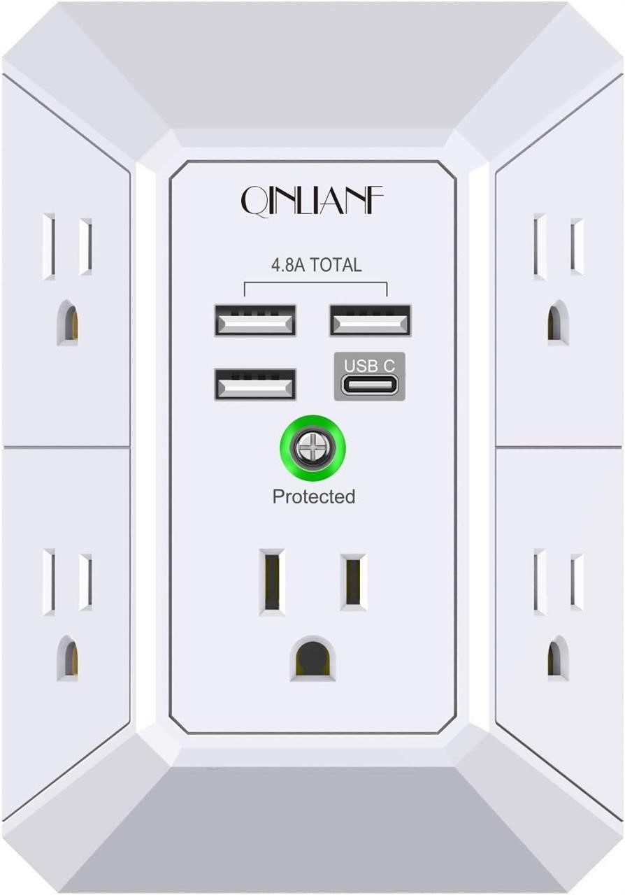 $13  QINLIANF 5 Outlet Extender  USB Ports  White