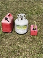 EMPTY PROPANE TANK AND TWO FUEL CANS
