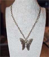 Vintage Bronze Tone Enameled Butterfly Necklace