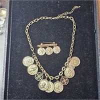 Mid Century Gold Tone Coin Charm Necklace & Brooch