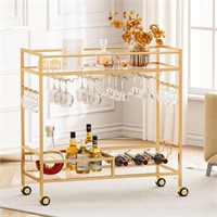 Home Bar Cart  2 Tiers  Wine Rack  Gold-Glass