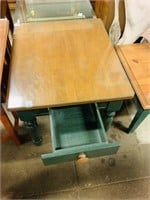 2 tone green and wood glass top end table