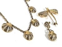 VTG Gold & Black Dragonfly Pin Necklace +