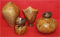 4pc Carved & Turned Wood; bowls, vase, oil