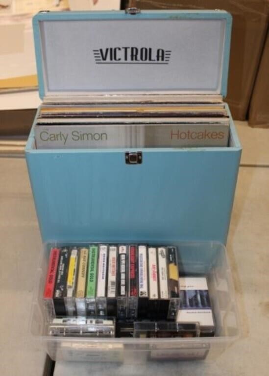 Victrola box w/ 22 LP Records, 28 Cassettes