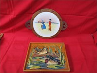 Antique porcelain tray, wood duck painted tray.