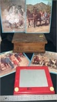 Various vintage puzzles, wooden box, Magic etch
