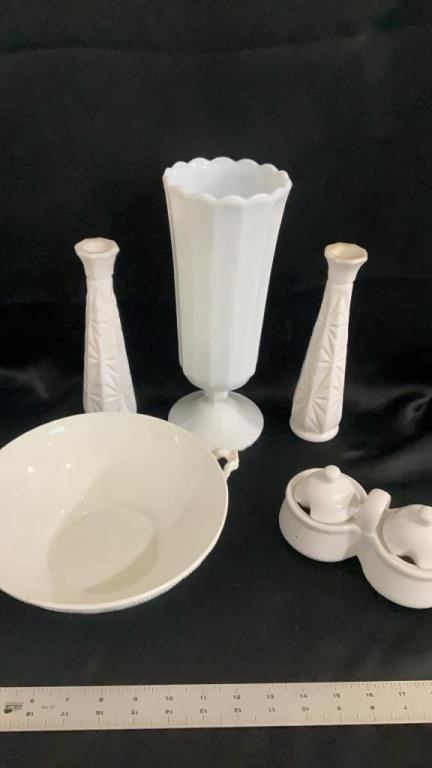 White glass vases, bowl and jam server