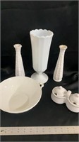 White glass vases, bowl and jam server