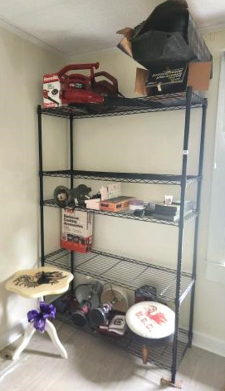 5 TIER METAL RACK AND CONTENTS