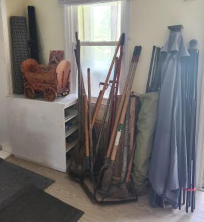 YARD TOOLS, WOODEN WAGON, UMBRELLAS