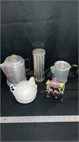 Pampered Chef bread tube, vintage coffee pots,,