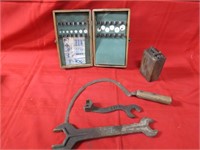 Vintage tool lot. Antique battery, wrenches, hay
