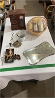 Bone shaped mirror, bath accessories, enamel mug,