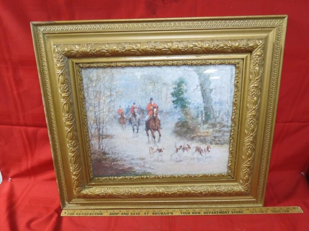 Framed Fox hunting painting.
