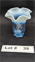 DUNCAN MILLER GLASS BLUE OPALESCENT RIBBED VASE/CA