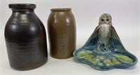 2 Salt Glazed Stoneware Crocks and Owl Pottery